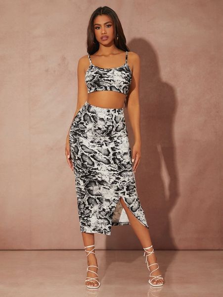 

sxy snakeskin print crop cami and split skirt set t0q0#, White