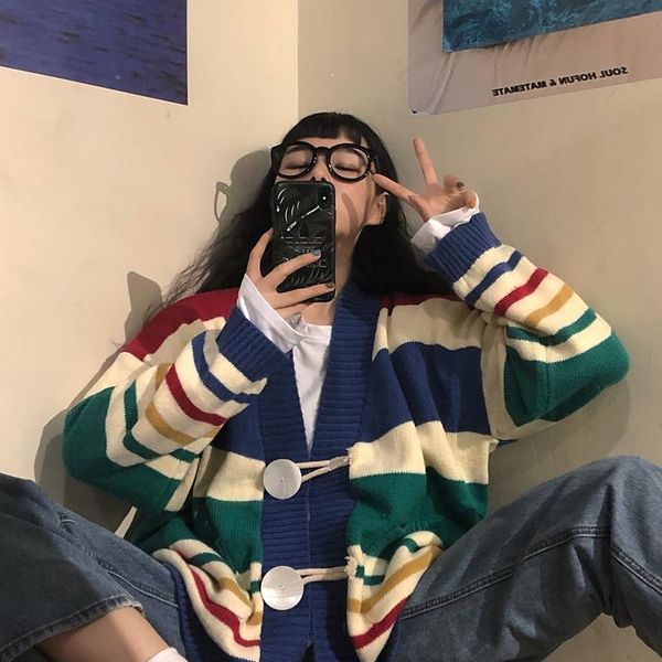 

women's knits & tees korean style loose v neck outwear knit cardigan women simple rainbow striped sweater autumn 2021 plus size pull fe, White