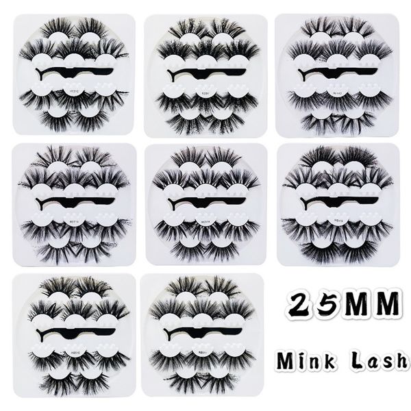 5 pares + tweezer 25mm Faux mink cílios postijos maquiagem conjunto de olho cílios em 8 estilos re500