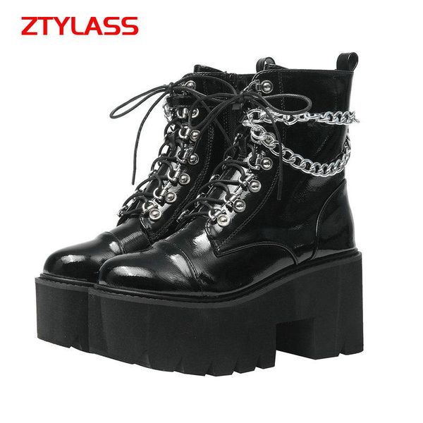 

boots spring autumn women platform chain heel chunky high ankle zipper winter female shoes, Black
