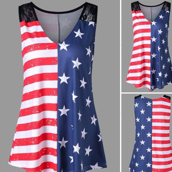 

t shirt fashion american flag print lace insert v neck tank t shirt summer for women 2021ma7, White