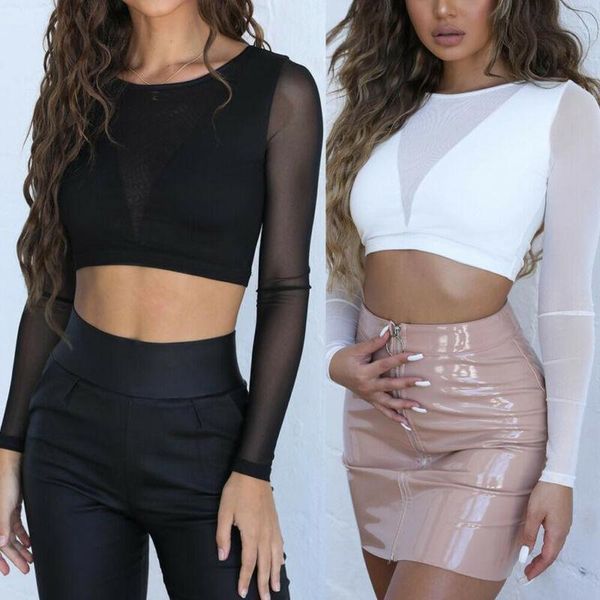 

women's blouses & shirts women summer perspective long sleeve mesh t-shirt blouse clothes /by, White