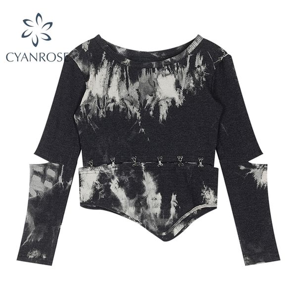 

streetwear long sleeve split crop t shirt and women o neck pullover tie dye tees hem irregular retro patchwork mujer 210722, White