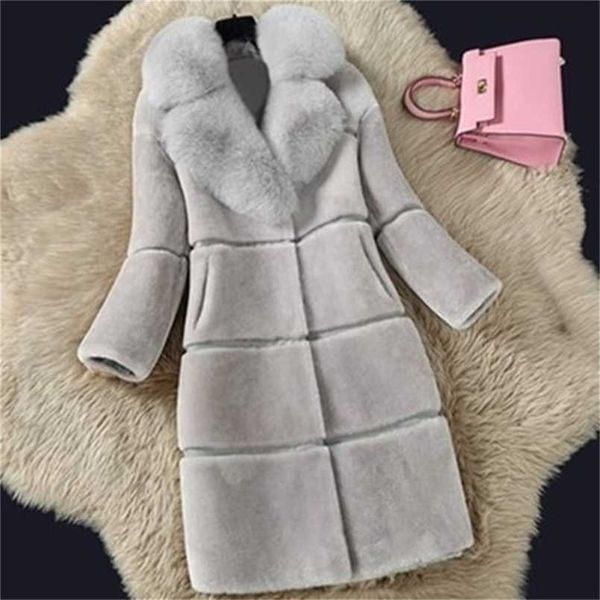 

faux fur coats large size 5xl women winter thick long jacket fashion fake collar outerwear 211022, Black