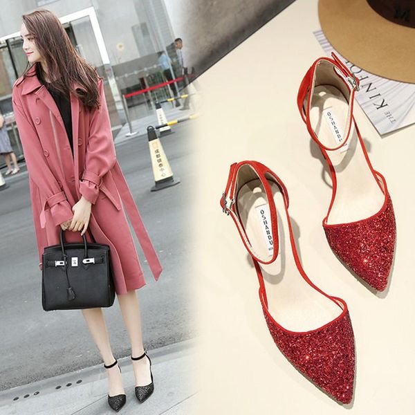 

sandals red wedding shoes 2021 spring and summer party with sequins hollow pointed word buckle champagne, Black