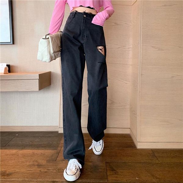 

new korean chic black hole pants in spring and summer, Blue