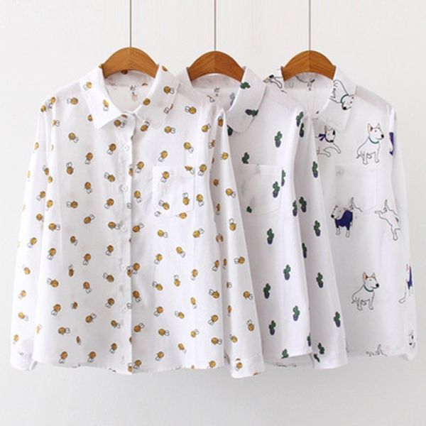 

women blouses cartoon dog bee print female long sleeve plus size 2xl 3xl shirts ladies clothing cotton fashion women shirts 21302, White