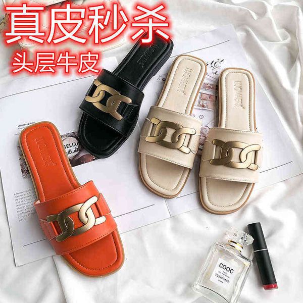 

herme women's slippers sandal wear 2022 style flat bottomed and versatile anti-skid fairy leather sho outside the net red ins in summer, Black