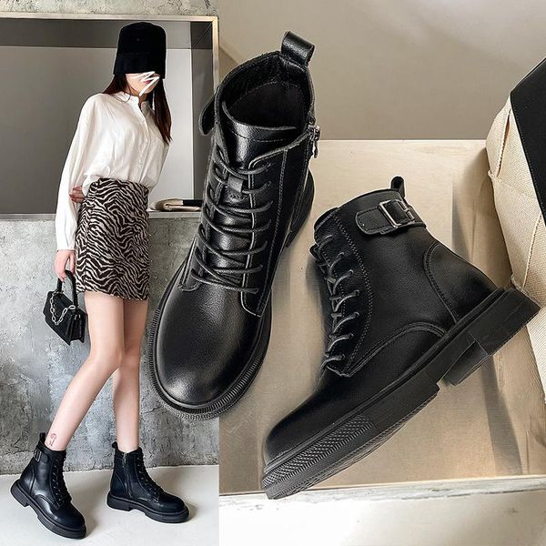 

boots shoes white ankle luxury designer lace up round toe boots-women rock low fashion rubber autumn 2021 ladies pu cross-tied s, Black