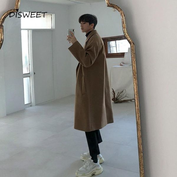 

thickened lapel woolen coat male korean loose double-breasted solid long coat men's winter warm slim woolen jacket boy 2021, Black