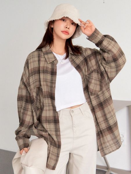 

dazy tartan pocket front drop shoulder blouse 85wb#, White