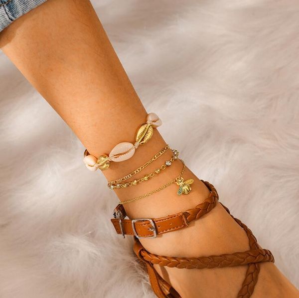 

anklets 622 trendy 4pcs set love bee bohemia shell personality multielement bracelet adjustable opening bangle bijoux jewelry gift b3181, Red;blue