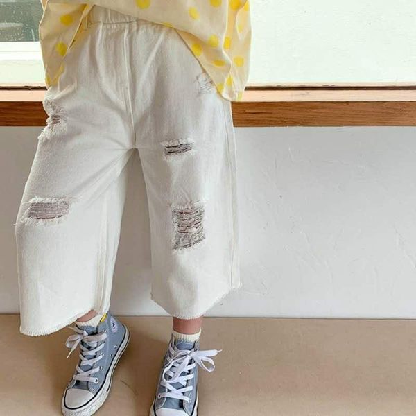 

jeans boys' pants, washed holes, wide-leg jeans, 2021 summer children's clothing, 3-8 years old, Blue