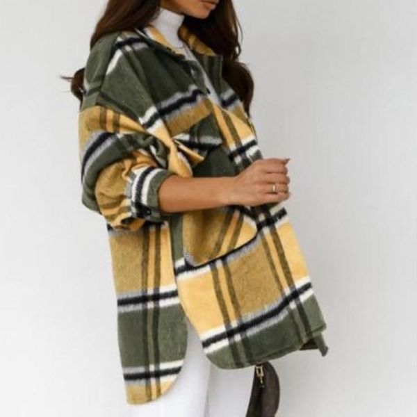 

women's jackets 2021 women turn down collar pocket long sleeve cotton coat female loose vintage warm outerwear casual plaid jacket, Black;brown