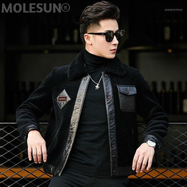 

men's leather & faux akoosun real fur coat men winter jacket sheep shearing wool coats sheepskin clothes 2021 ym191, Black
