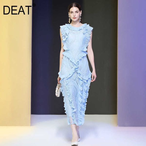 

[deat] summer fashion round neck high waist ruffles sleeveless solid color loose temperament elegant dress 13q007 210527, Black;gray