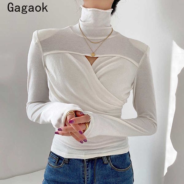 

woman tshirts spring autumn solid hollow out turtleneck wild tee korean chic fashion slim pullovers 210531, White