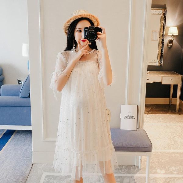 

maternity dresses fashion pregnant women's dress korean short sleeve ruffles mesh fairy pregnancy clothes sweet, White