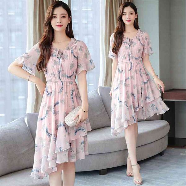 

summer chiffon boho beach sundress korean fashion elegant women chic midi dress vintage casual party pink vestidos 210528, Black;gray