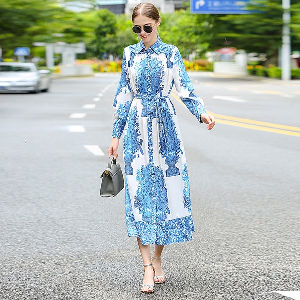 

long dress autumn new women's party blue vintage print stitching belt slim single breasted shirt dresses a3v6, Black;gray