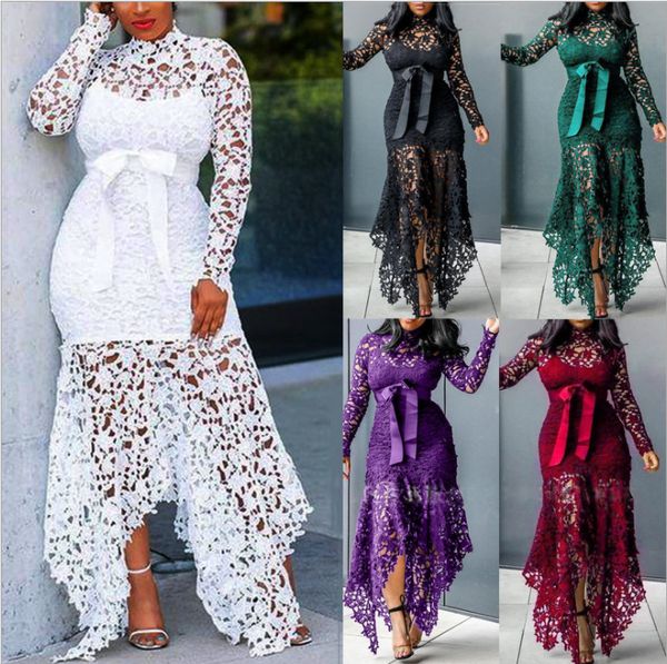 

womens party dresses irregular lace hollow fashion bowknot stitching long sleeve stand neck lace 6 color irregular maxi dress club, White;black