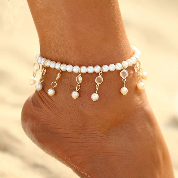 

beach anklet fashion simple crystal tassel elastic pearl anklet, Red;blue