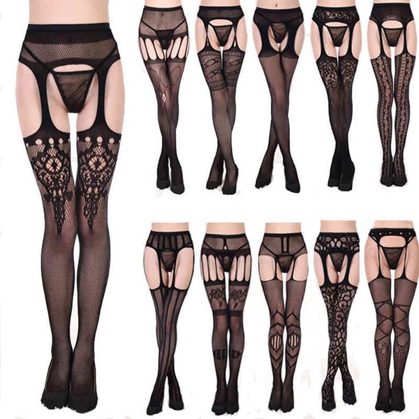 

luckymily 2019 new women lingerie stockings garter belt fishnet tights transparent pantyhose thigh thin long stocking, Black