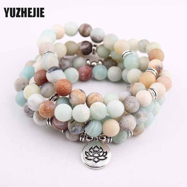 

charm bracelets yuzhejie women`s bracelet matte frosted amazonite beads with lotus om buddha yoga 108 mala necklace drop, Golden;silver