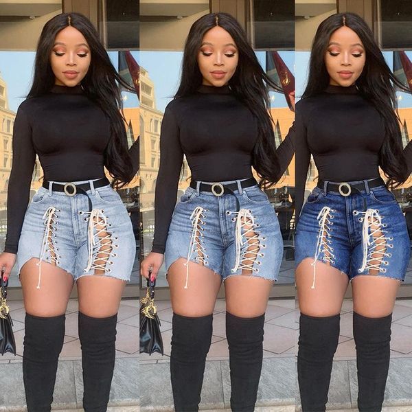 

women's jeans summer plus size y2k short for women blue hollow out ripped tassel high waist bandage straight slim denim shorts