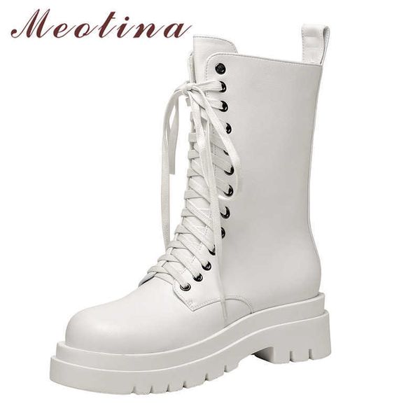 

meotina women motorcycle boots shoes real leather platform high heel boots zip lace up mid calf boots ladies autumn winter black 210608