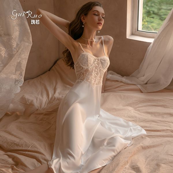 

fun underwear lace pajamas women's long satin suspender nightdress home suit 1257, Black;white