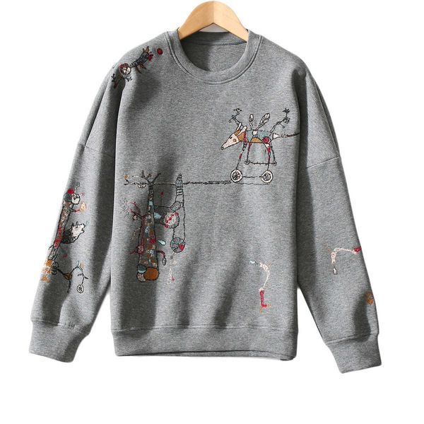 

fashion fleece hoodies early autumn 2021 luxury embroidery soft wide air cotton long sleeve round neck casual sweater, Black