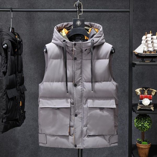 

men's vests winter casual warm vest jacket sleeveless hooded cotton waistcoat for male plus size men zipper down outwear, Black;white