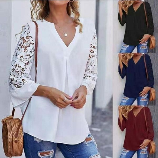 

40 women lace patchwork long sleeve floral lace bottom casual blouse v neck elegant solid brief autumn pullover shirts, White