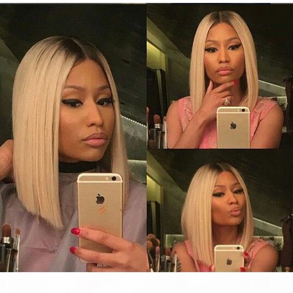 

pre plucked ombre brazilian short human hair wigs for black women brazilian straight 613# blonde lace front bob wigs with baby hair, Black;brown