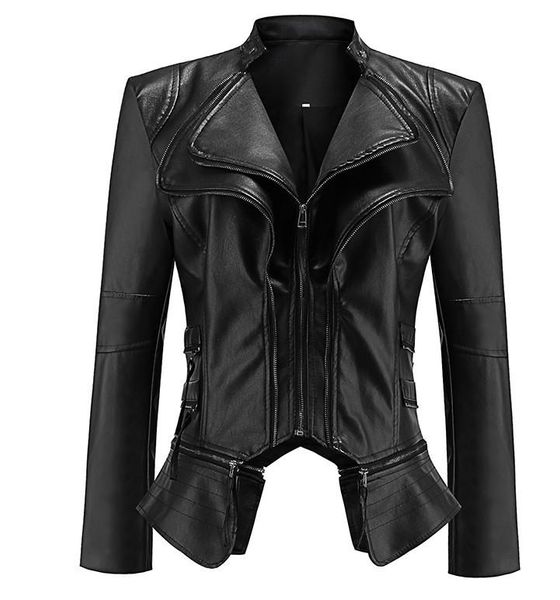 

women's leather & faux short good quality pu coat zipper stitching jacket, Black