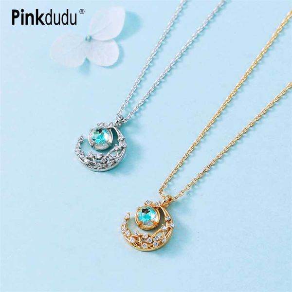 

pendant necklaces pinkdudu vintage gold clavicle neck chain blue crystal moon collar for women jewelry pd166, Silver