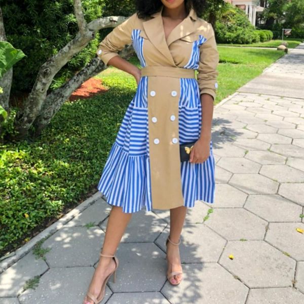 

new women notched collar trench dress fashion elegant plus size striped patchwork dress button office long sleeve midi dresses, Black;gray