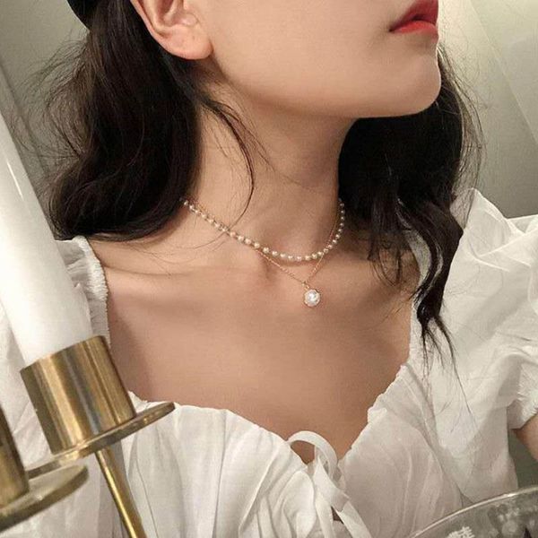 Kpop Perlenkette Gold geschichtete Kette Halsband Frau Egirl Brautjungfer Geschenk zierliche Engel Halskette Collares Mujer Collier Schmuck