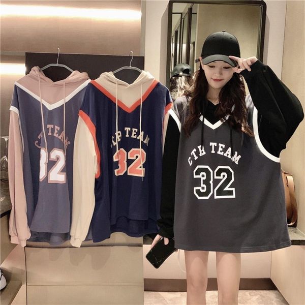 

2021 print jersey oversized hoodie women autumn trendy pullover sweatshirt harajuku patchwork long hoodies teens girl k3jm, Black