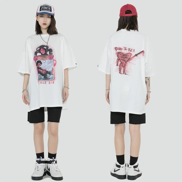 

women's t-shirt 2021 summer men's trend all-match printing five-point sleeves fashion round neck casual loose couple short, White