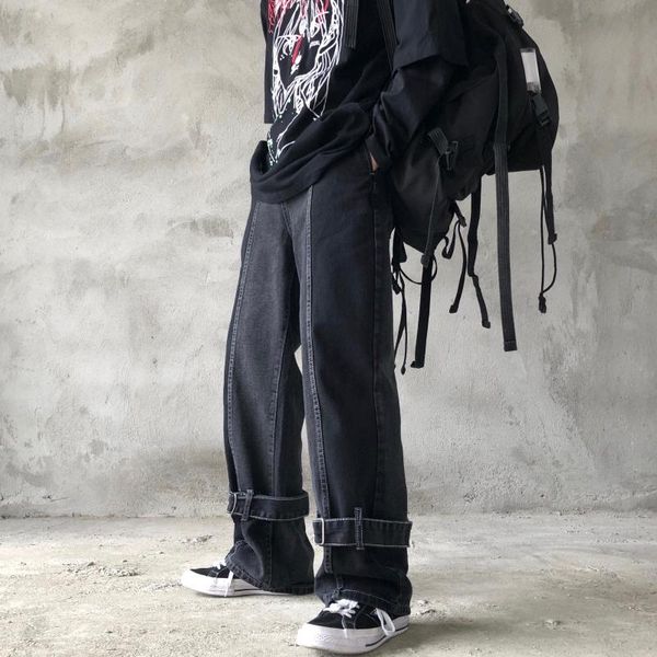 

men's jeans dark vintage high street baggy legs with straps for men, Blue
