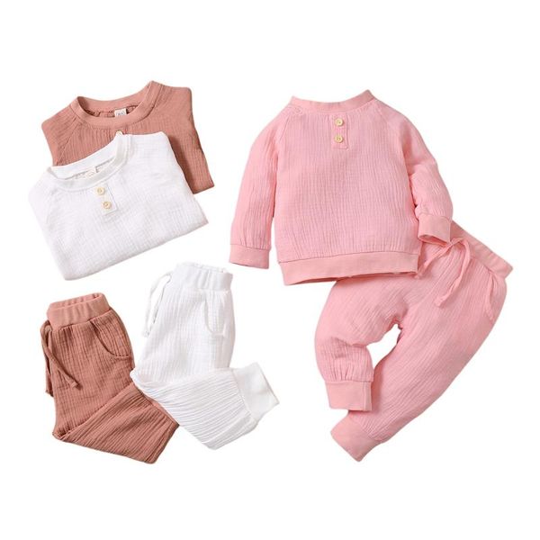 

clothing sets 2 pcs infant casual outfits, baby dot print/solid color long sleeve round neck pullover + tie-up trousers with pocket, White