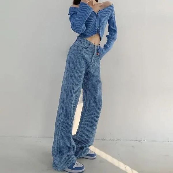 

women's jeans zhisilao weave straight women retro boyfriend high waist denim pants plus size loose baggy mom wide leg, Blue