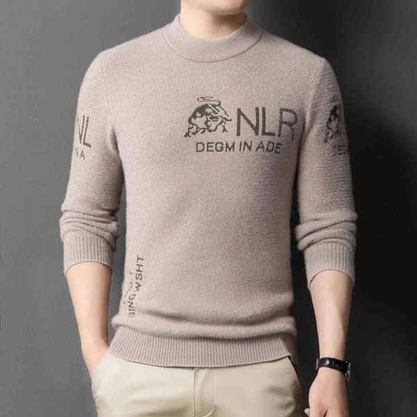 

2021 winter men's ferret knitted sweater fashion jacquard round neck thickened warm bottom shirt, White;black