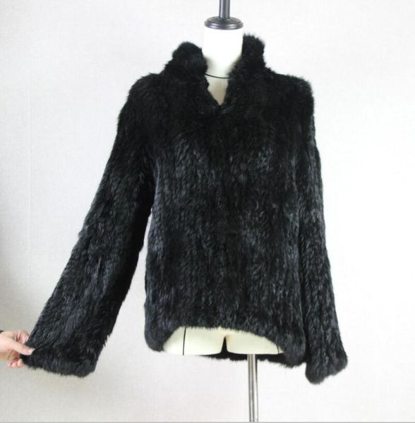 

New Genuine Rabbit Fur Coat Fashion Women knit Jacket Winter Warm Outwear, Black