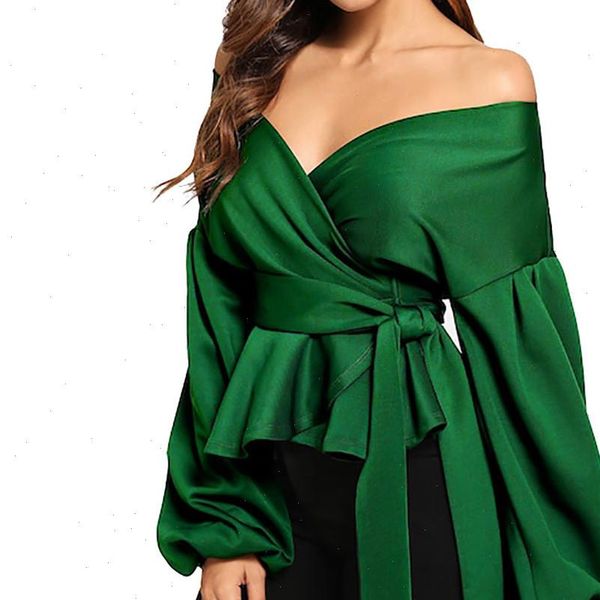 

green elegant office lady solid off shoulder lantern sleeve surplice peplum blouse autumn workwear women and blouses b, White