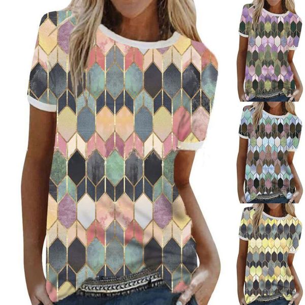 

women's t-shirt coat geometric pattern printing round collar short sleeve, White