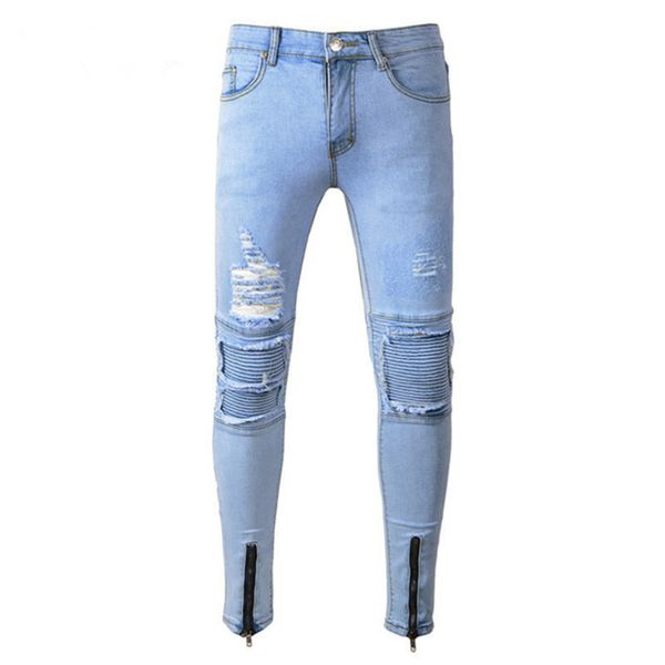 

new arrival men biker jeans fashion mens knee ripped zipper ny male black blue size 28-38