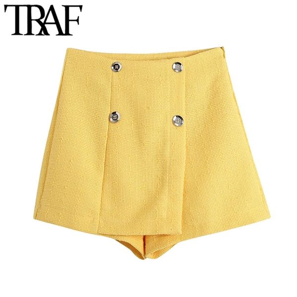 

traf women chic fashion with buttons tweed shorts skirts vintage high waist side zipper female skort mujer 210625, White;black